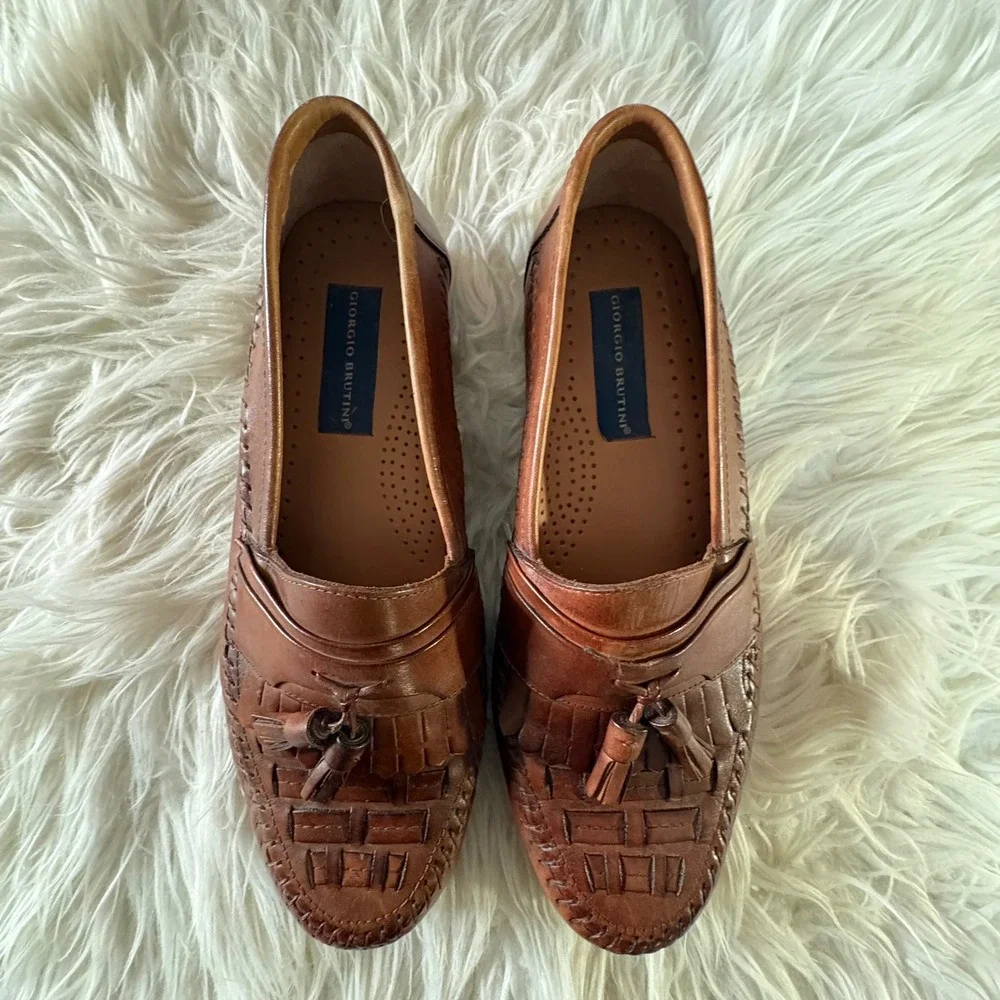 Giorgio Brutini Loafers Mens 9 Brown Excellent Woven Kiltie Tassel Leather Shoes